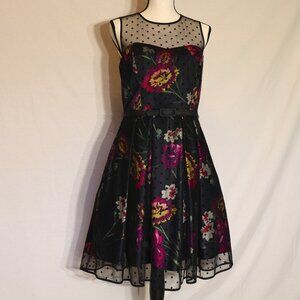 Eliza J fit and flair size 8 cocktail dress polka dot overlay belt polka dots